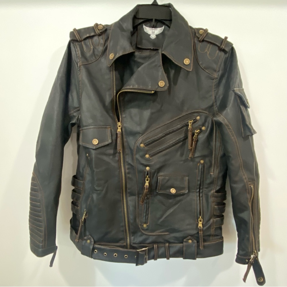 Men’s Dark Brown Fake Leather Motorcycle Jacket with Quilted Sleeves